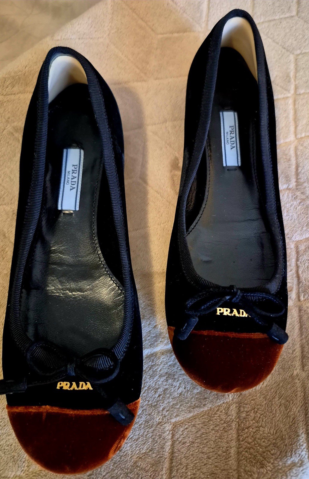 PRADA Women’s Velvet Ballet Flats Black/Brown Cap Toe Bow Slip-On EU 37