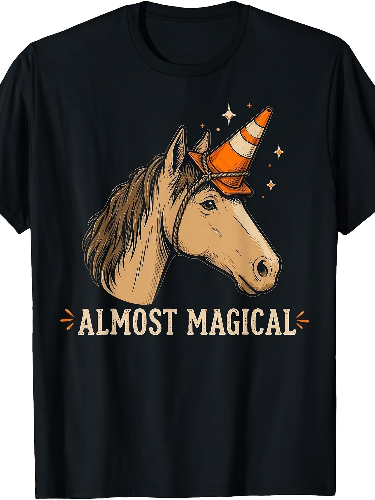 Almost Magical Funny Horse Cone On Head Fantasy Humor Gift Casual Unisex Tee