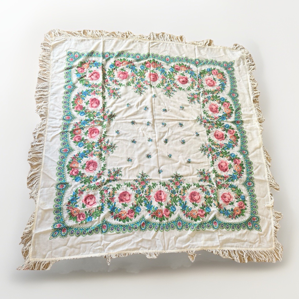 Pavlovo Posad 56×56 Wool Shawl: Ivory Pink Blue Rose Floral Fringe Wrap Russian