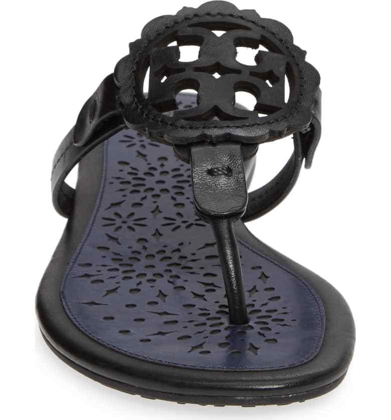 NIB Tory Burch Miller Leather Scallop Logo Flat Sandal Thong Black $228