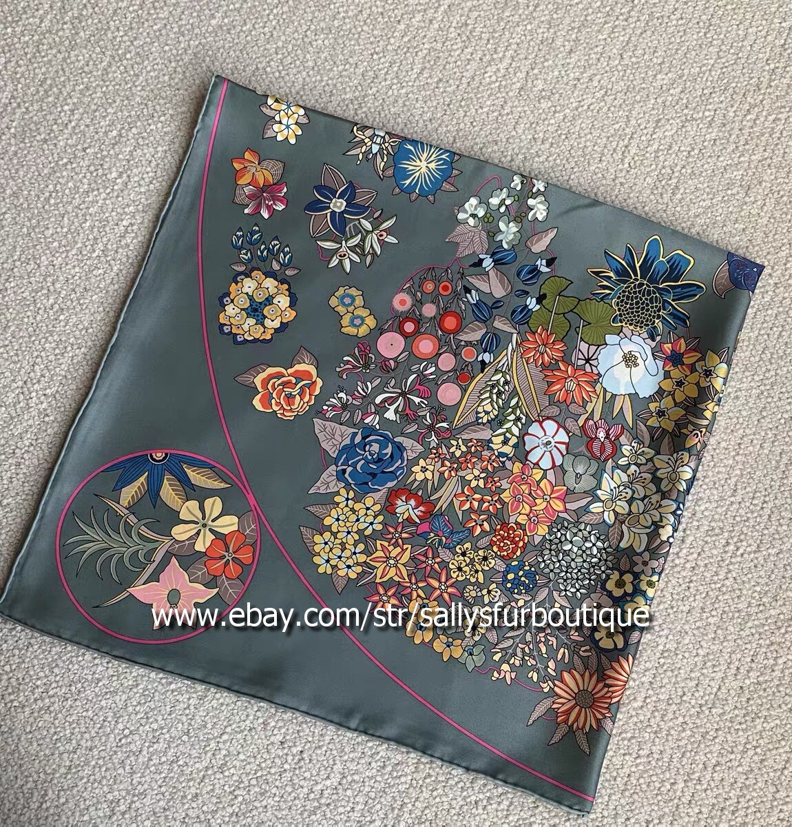 Sally 14~18 Momme Twill Silk Wrap Scarf Bandanna Vintage Flowers Print Shawl 35″