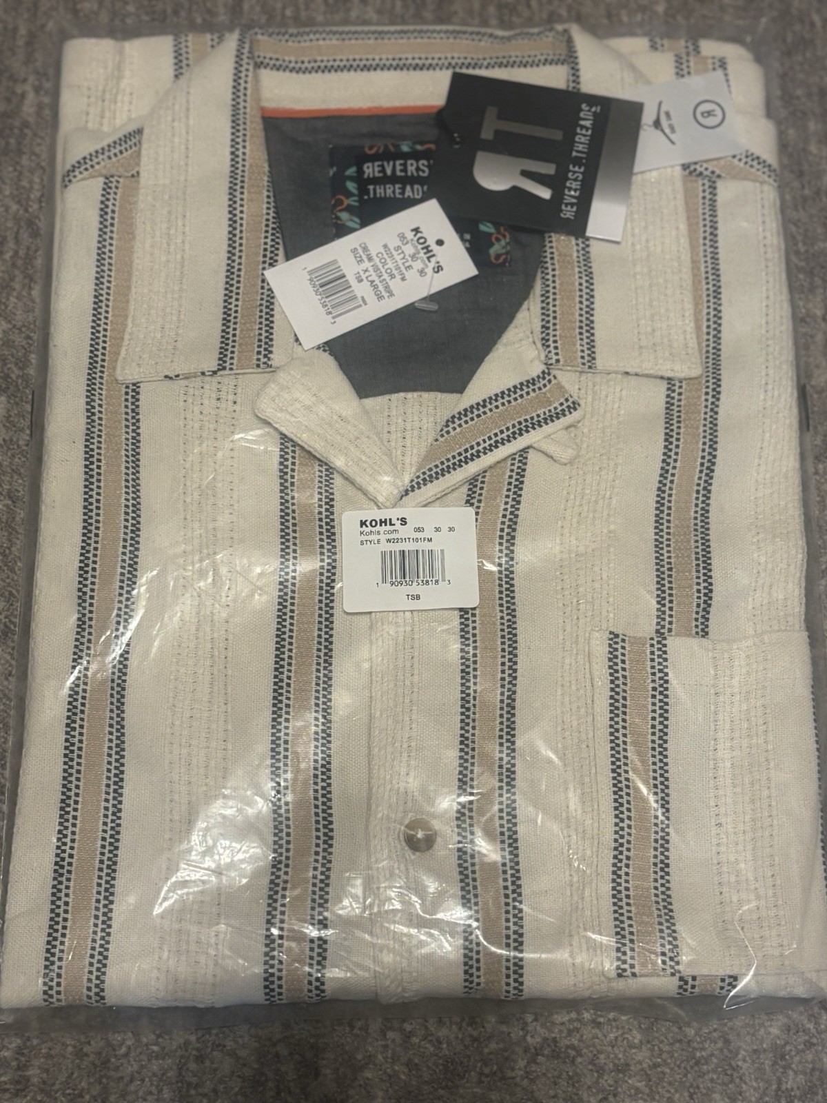 Reverse Thread Men’s Beige Blue Striped Short Sleeve Collared Button-Up Size S