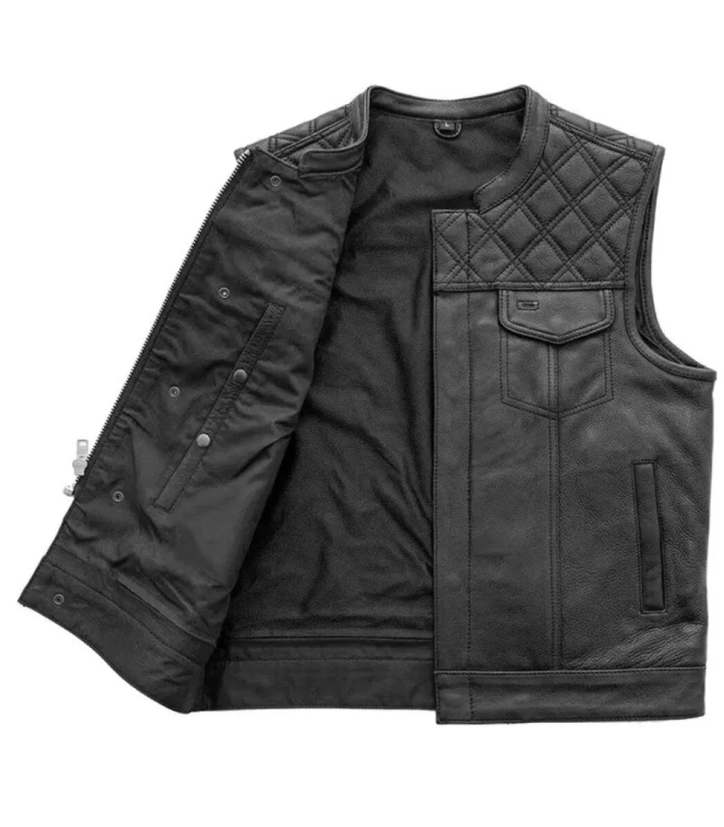 Men’s Black Leather Vest Diamond Motorcycle Club Motorbike Concealed Waistcoat