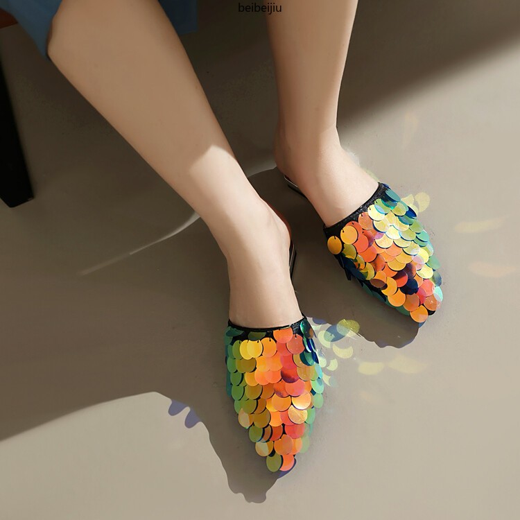 Glitter Sequins Women’s Flat Slipper Pointed Toe Mules Sandals Casual 46/47/48