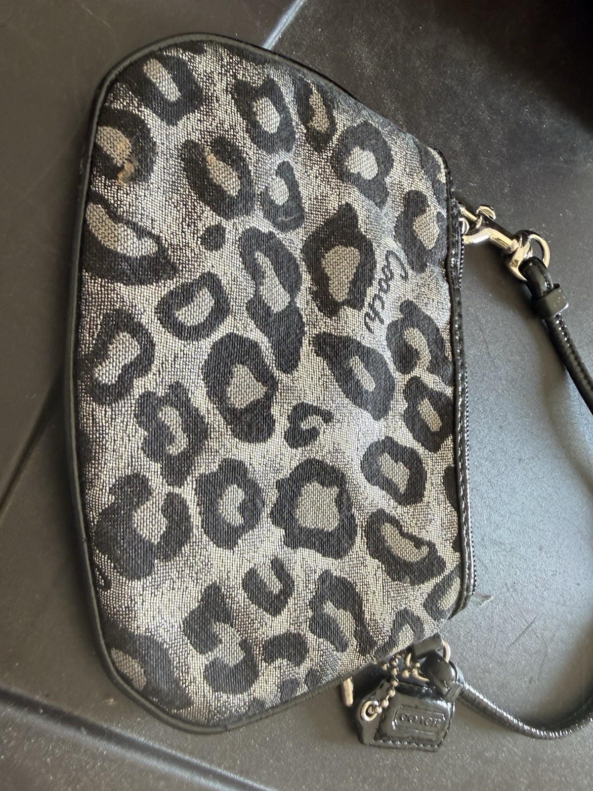 Coach Leopard Animal Print Zip Wristlet Pouch Gray Black Strap Silver Hardware