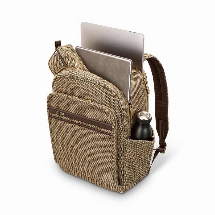 Hartmann Tweed Pattern Backpack Brown/Beige Zip Outer Pockets Leather Straps