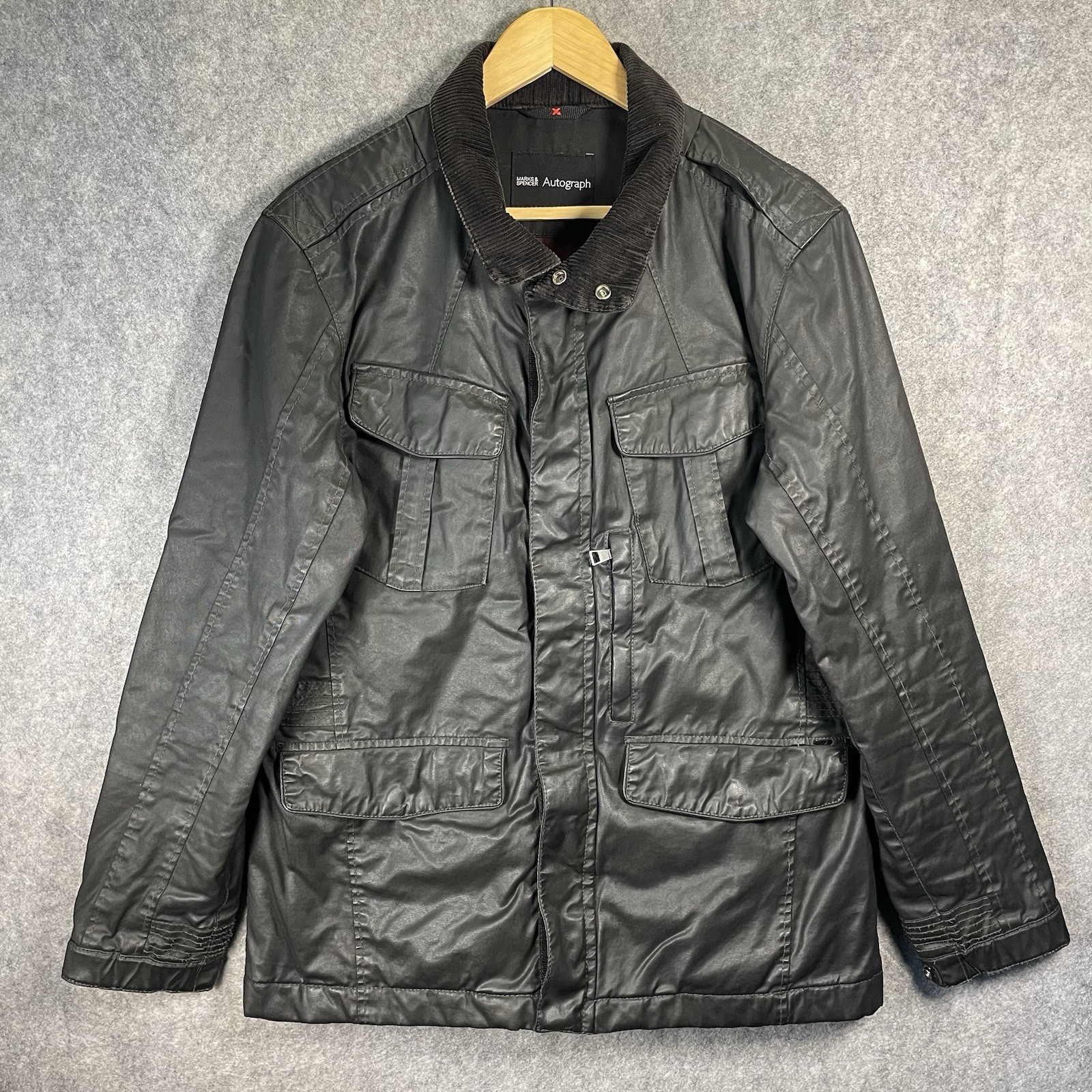 M&S Waxed Jacket Mens Medium Black Carbon Military Colour Padded Lining Outdoor