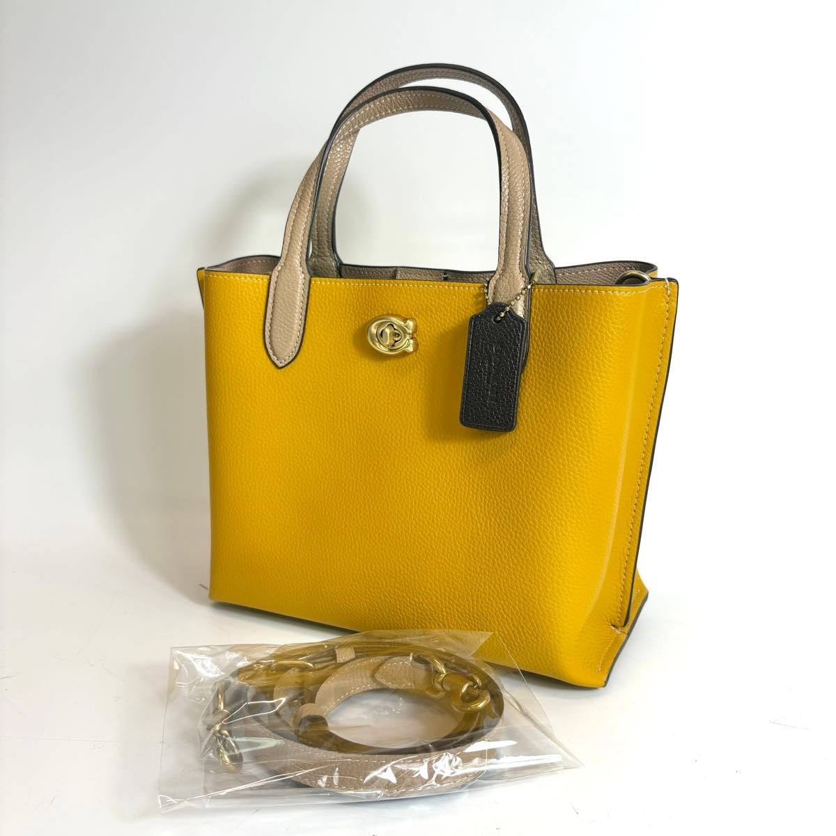 COACH Willow Tote 24 2WAY Handbag Pebbled Leather Mustard Yellow/Beige 24x20x11