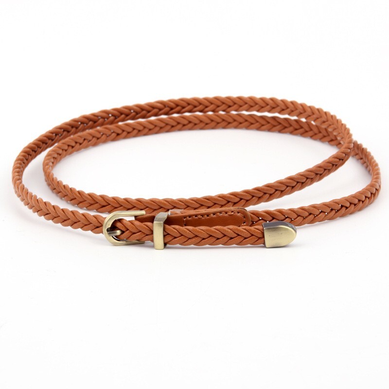 Handwoven PU Leather Belt, 0.8cm Slim Waist Chain Alloy Buckle for Women