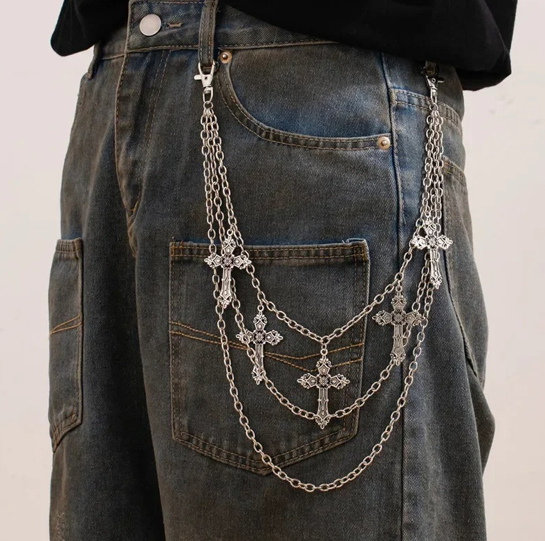 1pc Fashion Punk Metal Pants Chain Silver Cross Hip Hop Waist Accessory – NEW