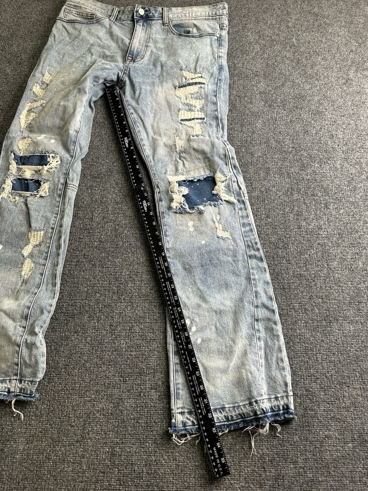 Mens First Row Distressed Paint Splatter Flare Jeans, Size 36×33
