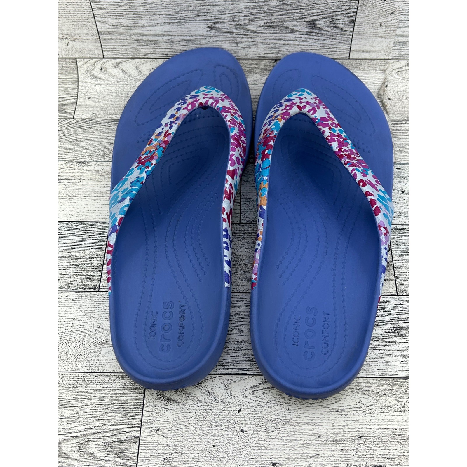 Crocs Kadee II Flip Flops Women Size 10 Blue Multi Color Leopard Print Sandals