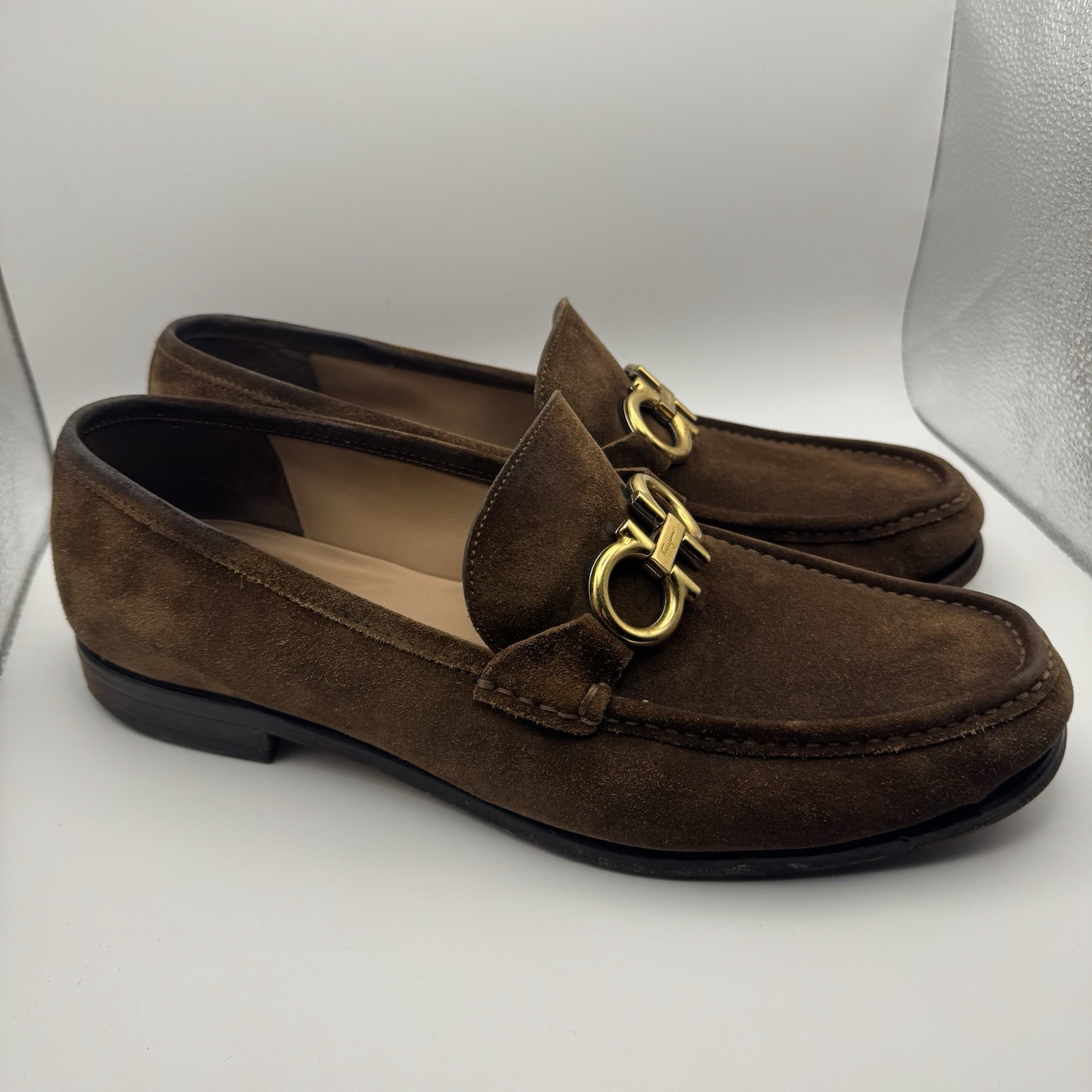 Salvatore Ferragamo Rolo Gancini Loafers Brown Calf Leather Suede 12 EEE Italy