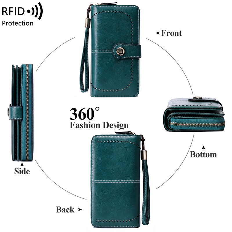 RFID Blocking Women’s Long Zipper Wallet, Large Capacity Clutch Purse For Daily