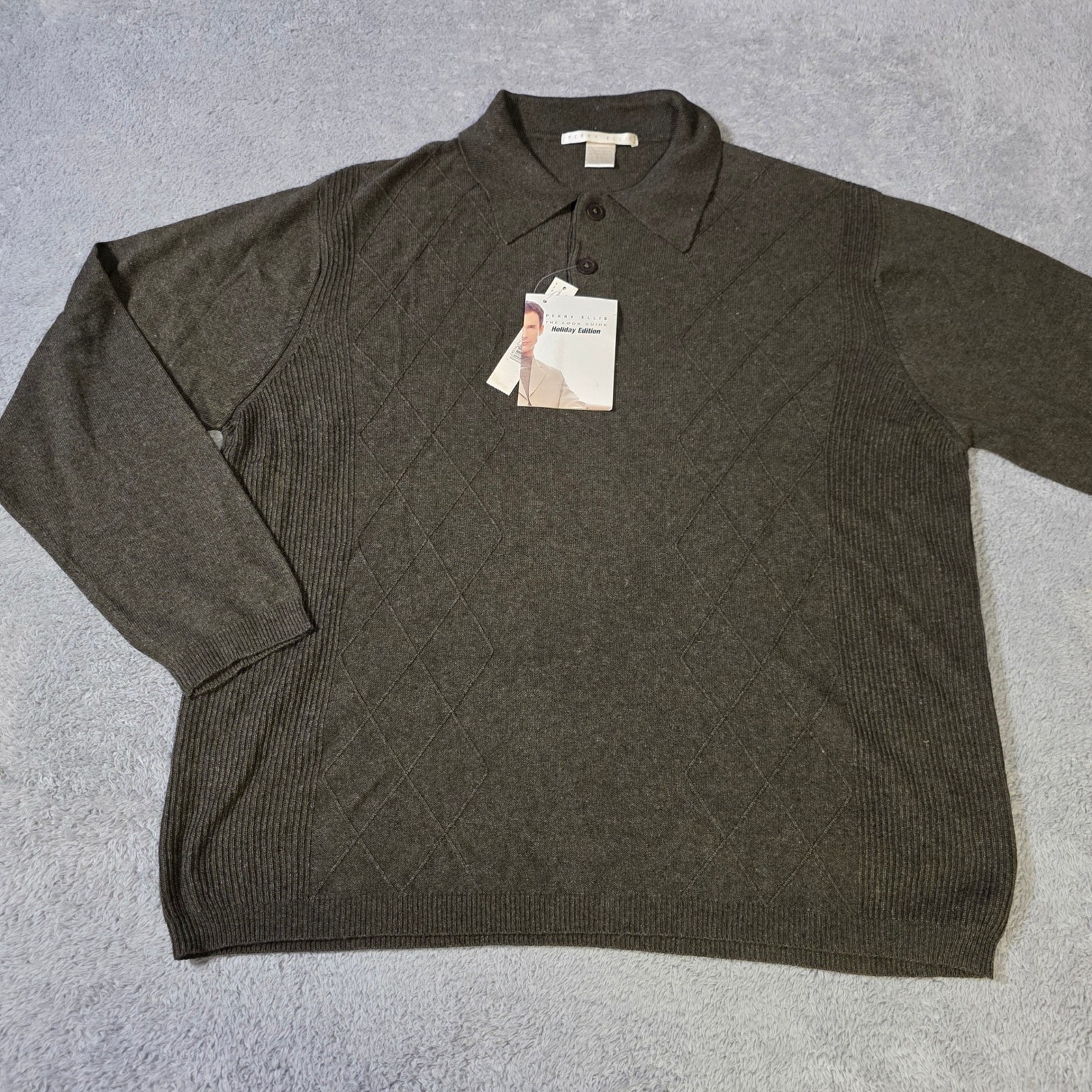 Perry Ellis Mens L Polo Sweater Loden Green Silk Wool Diamond Knit MJ4930 NEW