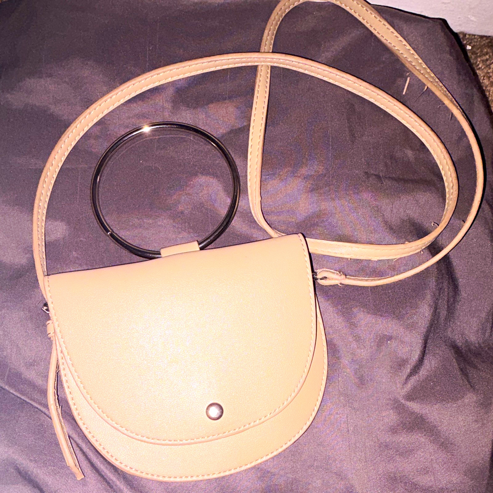 Women’s Beige Half Moon Crossbody Bag Ring Accent Magnetic Closure Detachable