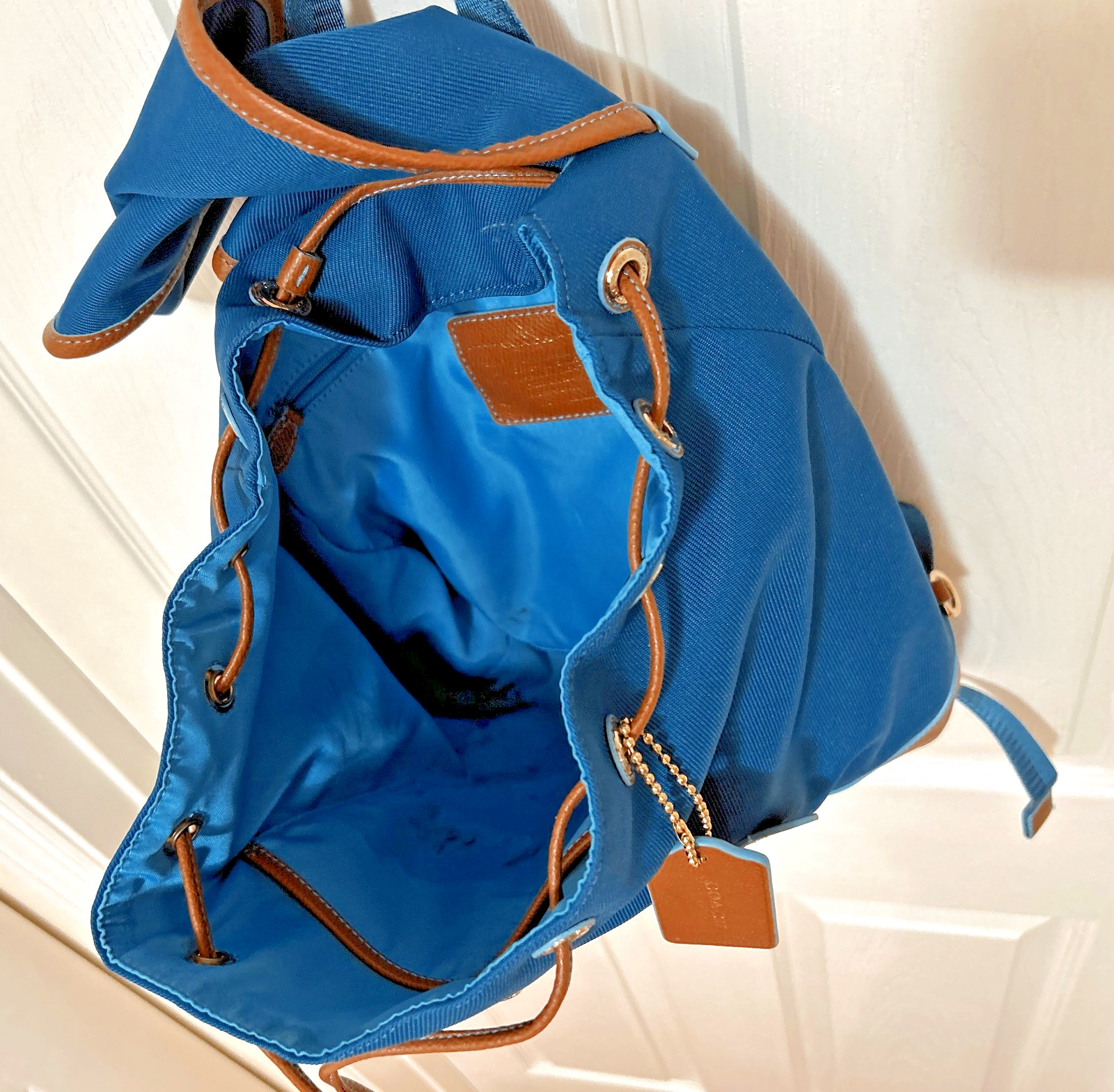Coach Sawyer Backpack 37240 Canvas Nylon Leather Bright Mineral Blue Drawstring