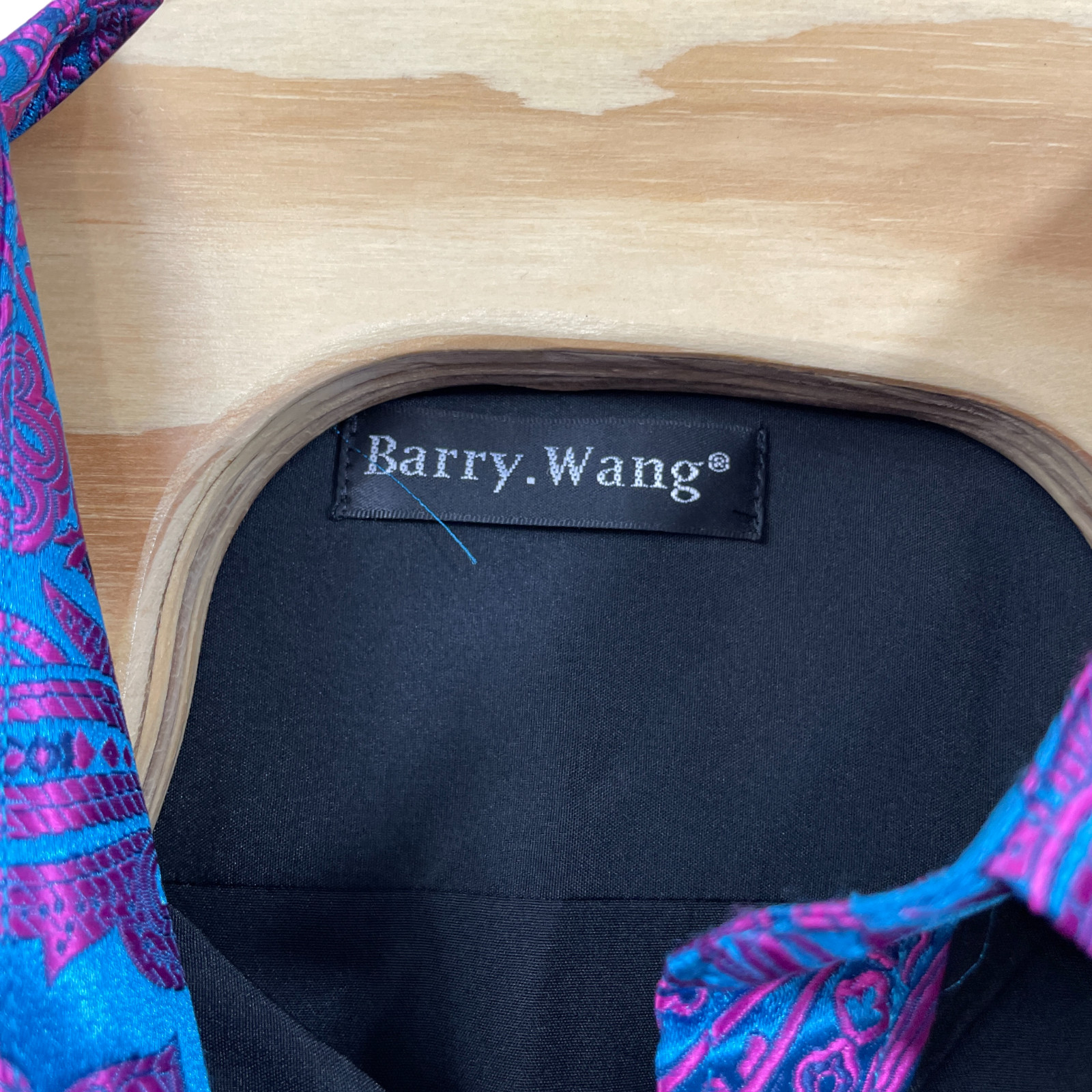 Barry Wang Large NEW Black Paisley Collar Polyester Blend Button Up Shirt