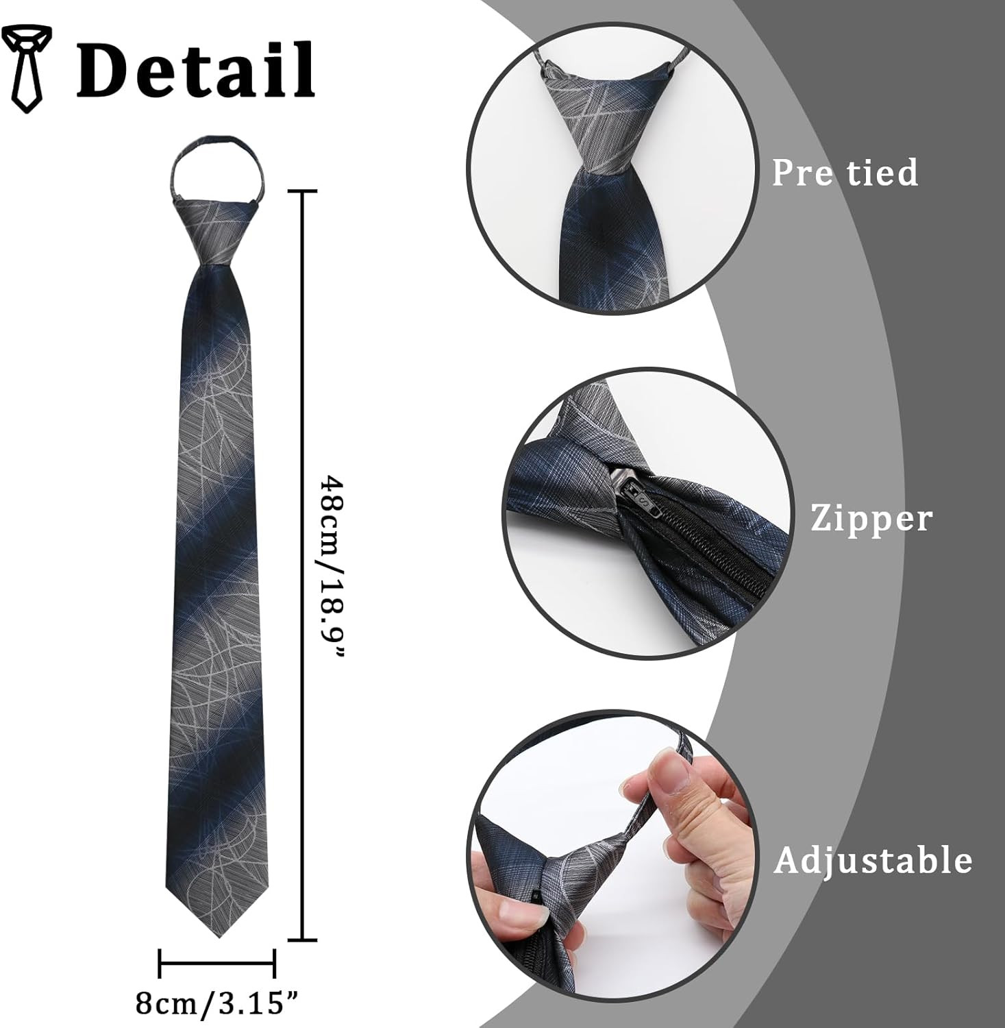 Men’s Pre-Tied Zipper Necktie Adjustable 3.15 Formal Business Wedding Tie