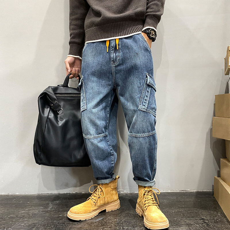 2026 Classic Mens Denim Loose Cargo Pants Jeans Overalls Pockets Casual Trousers
