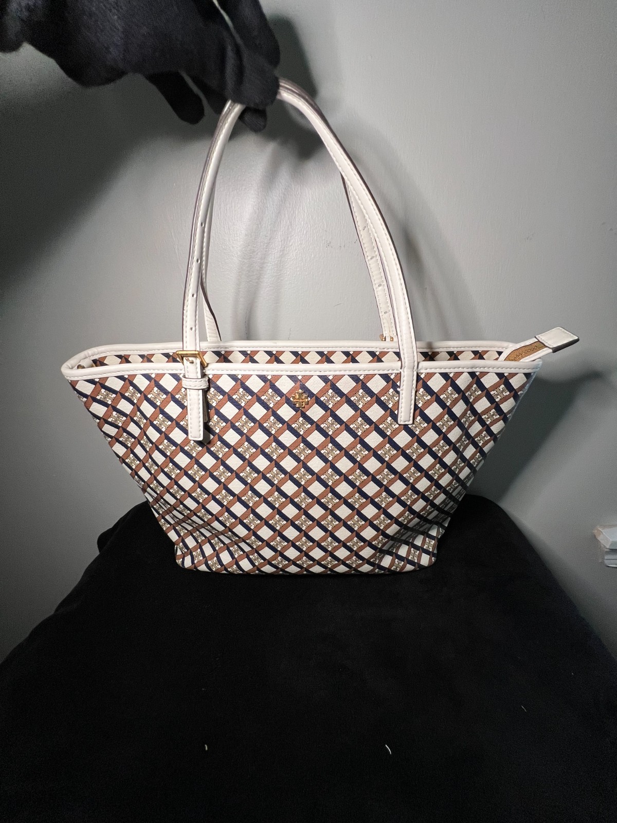 Tory Burch Printed Coated Canvas Tote White Leather Zip Shoulder Bag Authentic