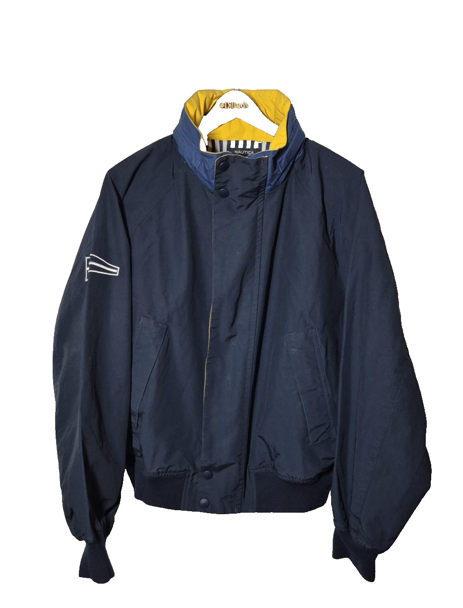 Nautica Jacket Mens Large Navy Sailing Bomber Zip Snap Mock Neck w/Hood Lined