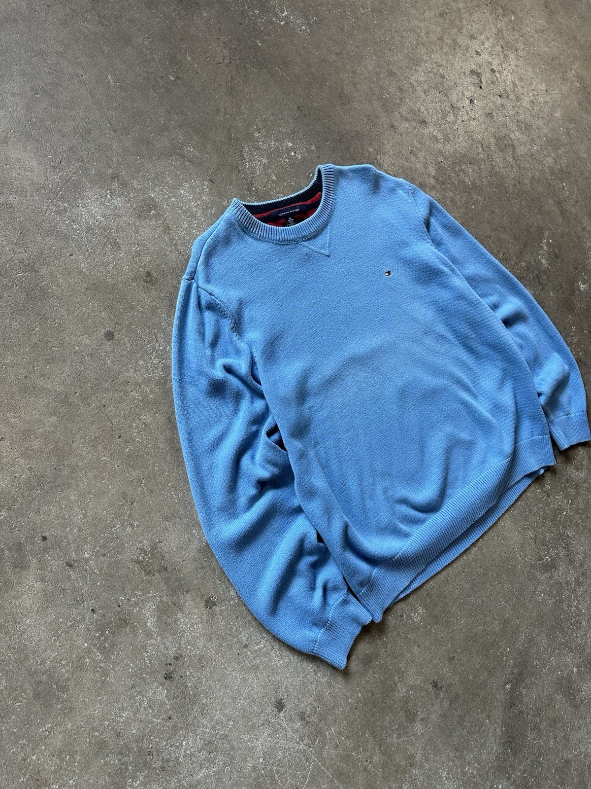 Vintage 90s Tommy Hilfiger Embroidered Logo Knit Sweater Sweatshirt Blue Sz XL