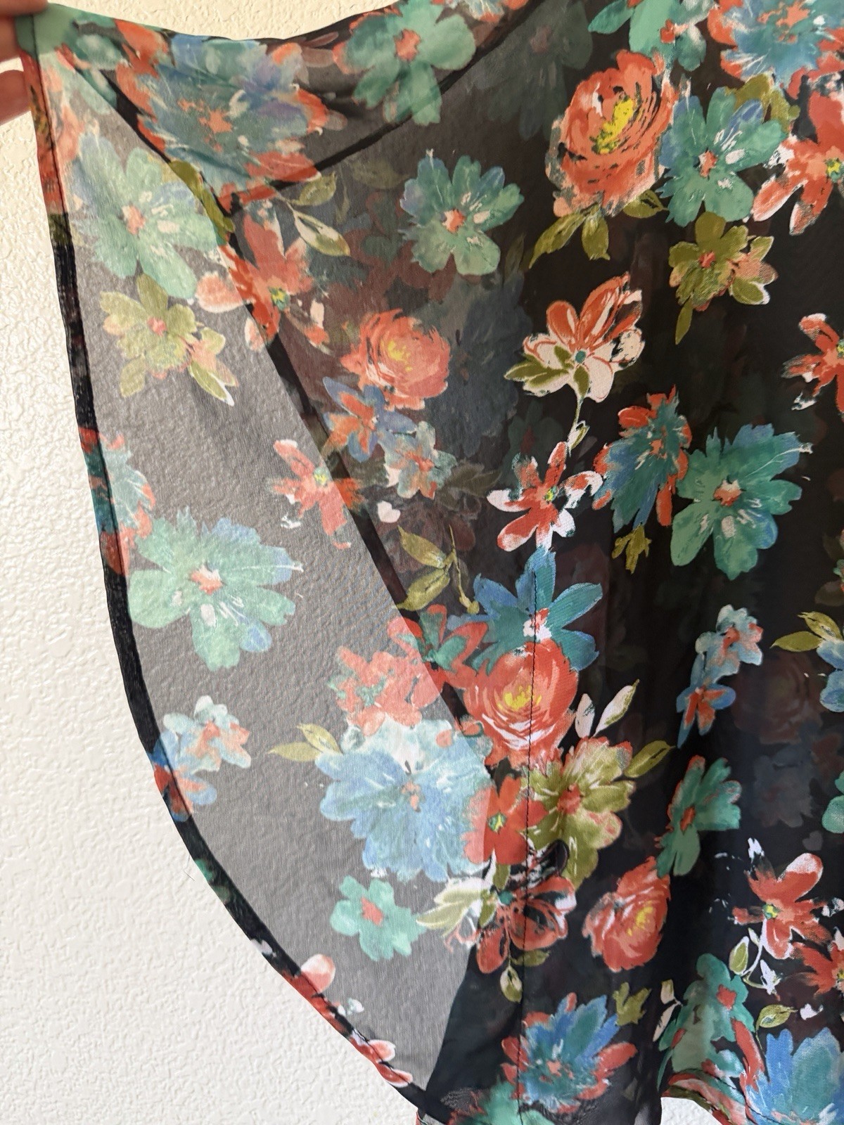 Chenault Womens Floral Chiffon Sheer Batwing Blouse Top Black Multicolor L