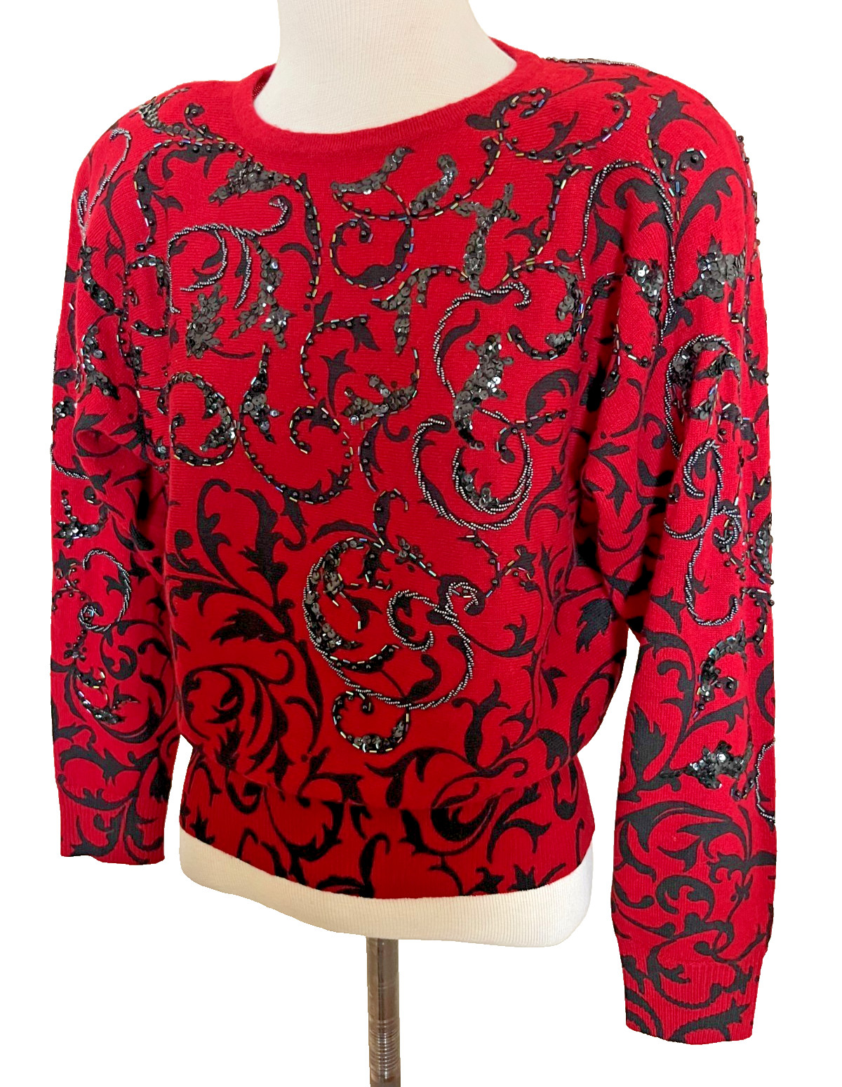 Cache Sweater Top Red Black Sequin Beaded Size Small Angora Wool Holiday Vintage