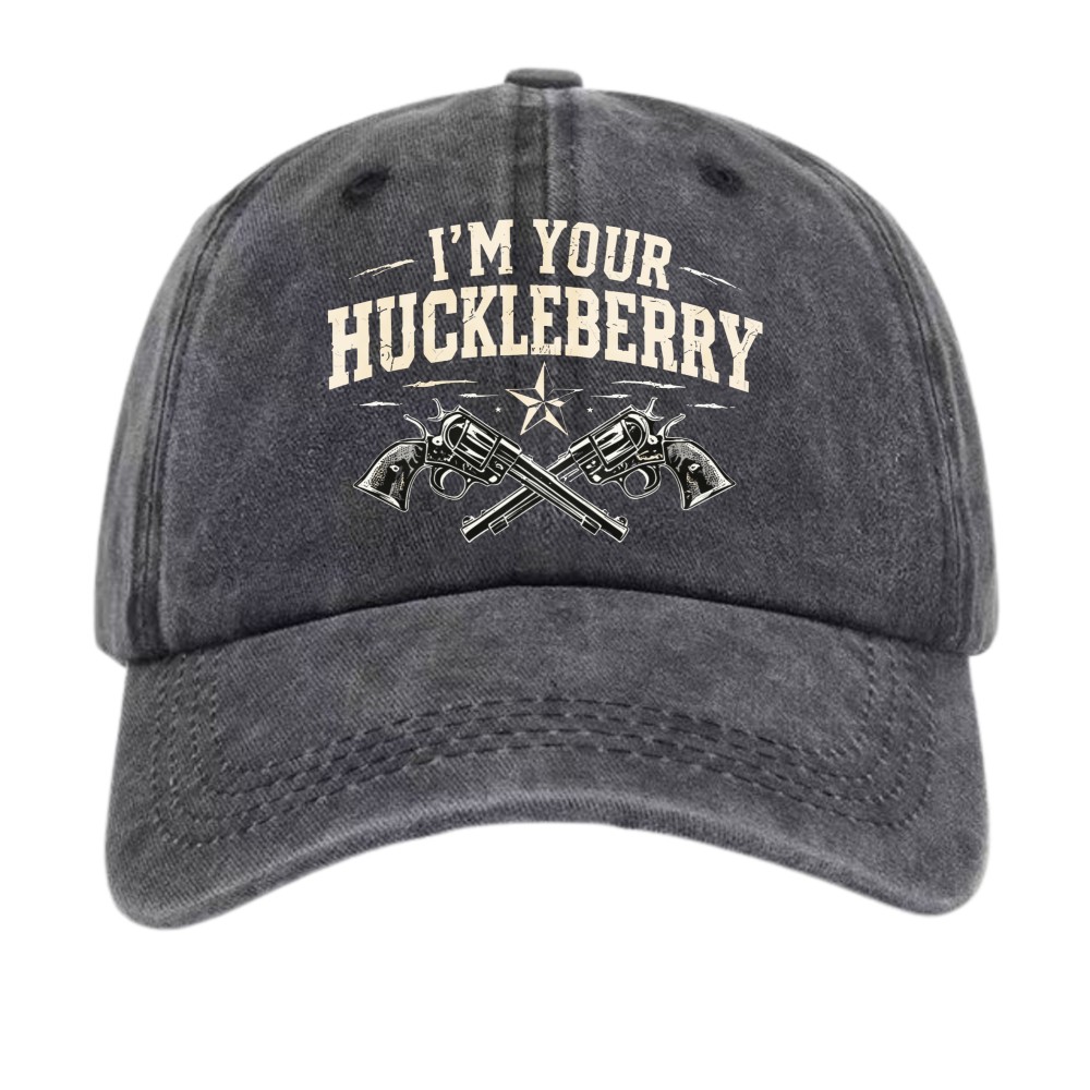 Trendy I’m Your Huckleberry Graphic Baseball Cap-Western Quote&Revolver Dad Hat