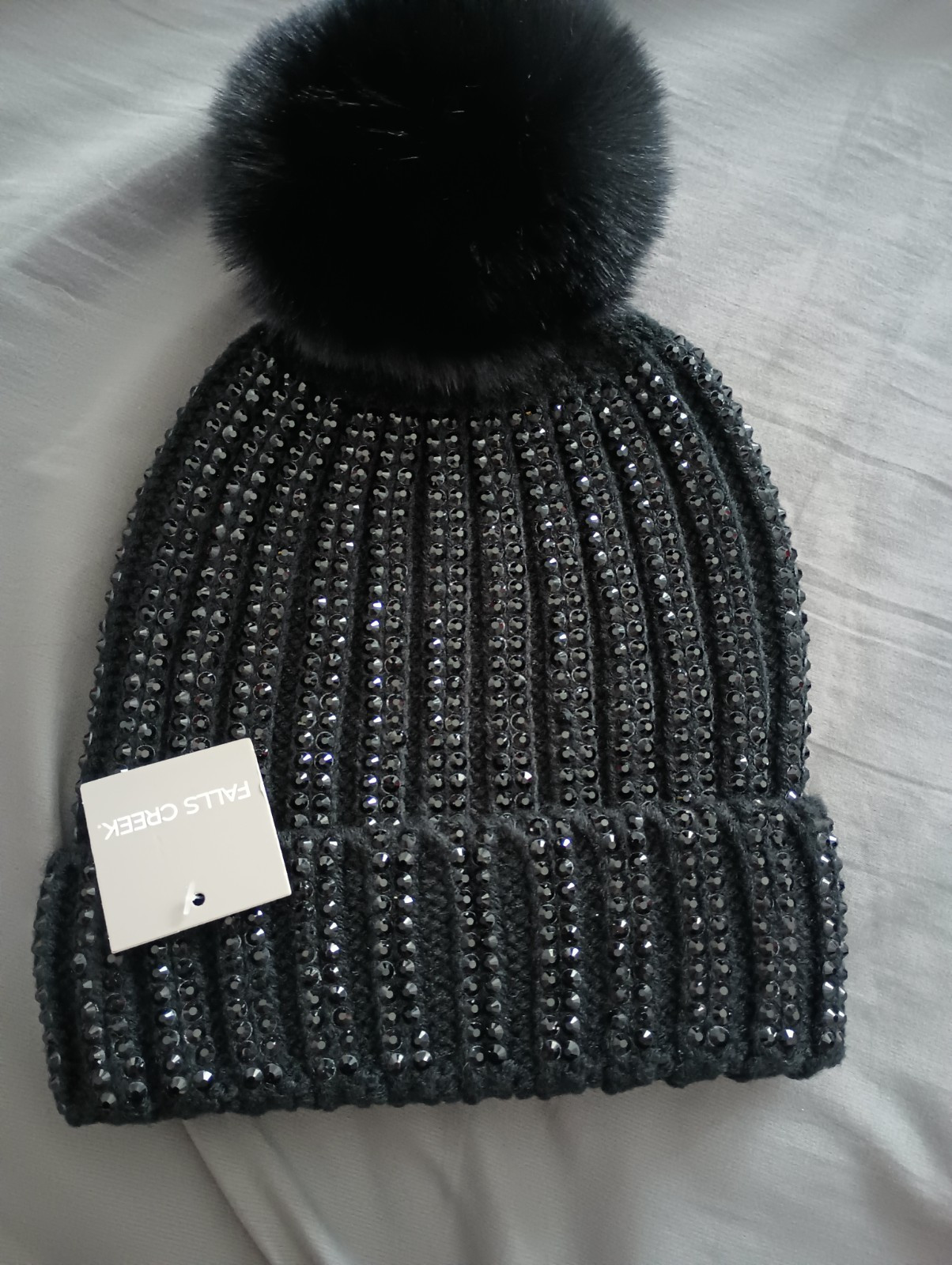Falls Creek Black W Black Sparkly Gems Winter Hat OSFM Women With Black Poof NWT