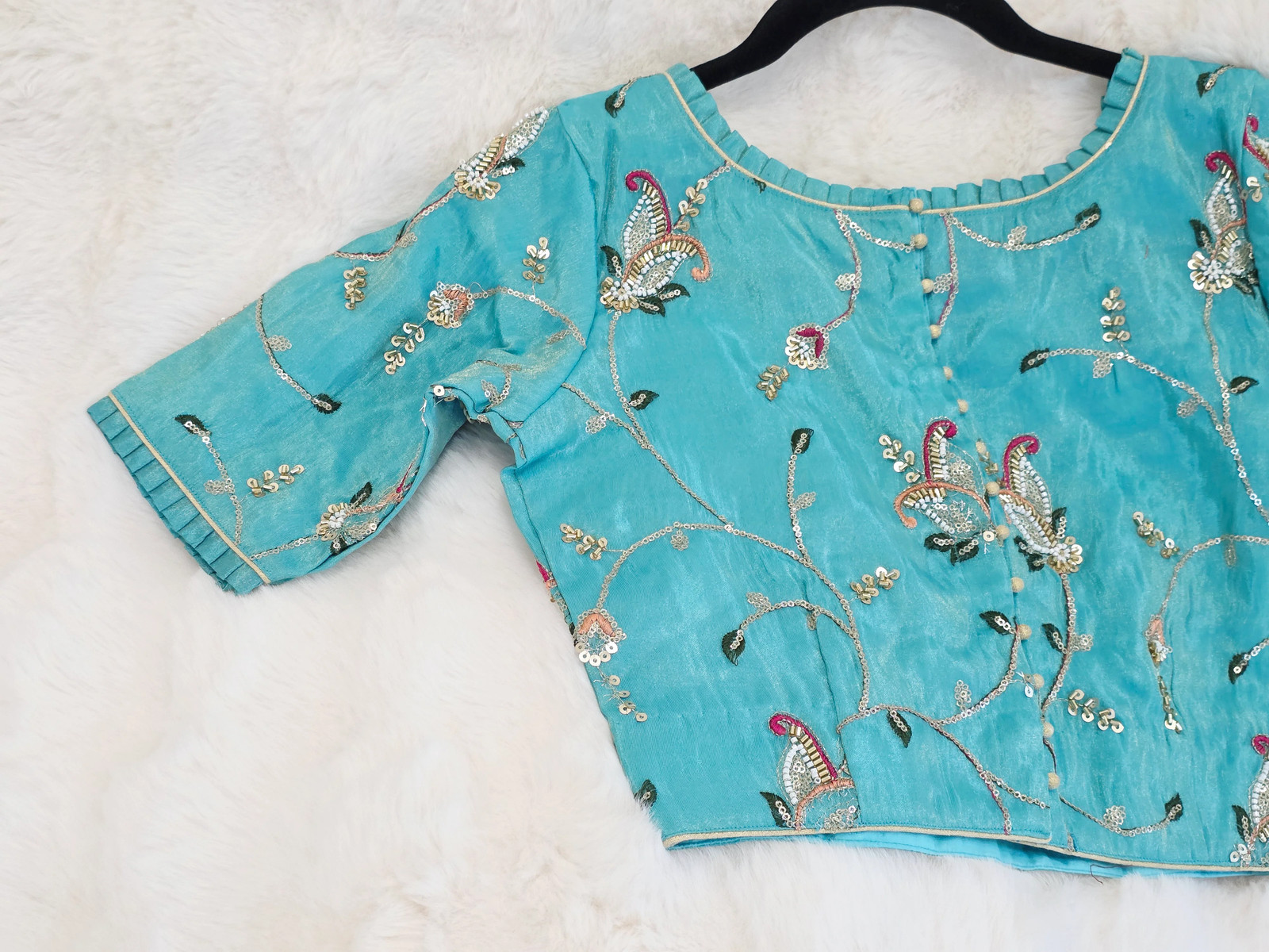 Aqua Blue Tissue Fabric Embroidered Sequins Designer Blouse
