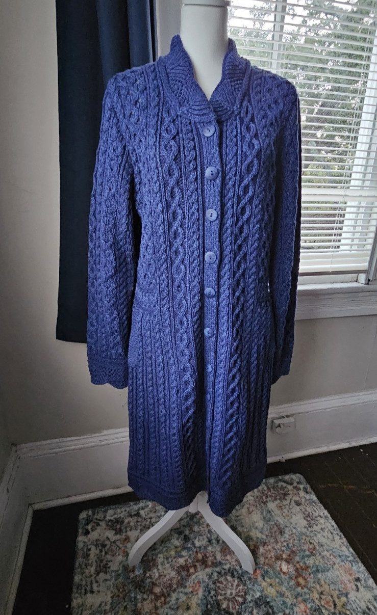 Aran Crafts 100% Merino Wool Cable Knit Cardigan Womens L Long Blue Ireland NWT