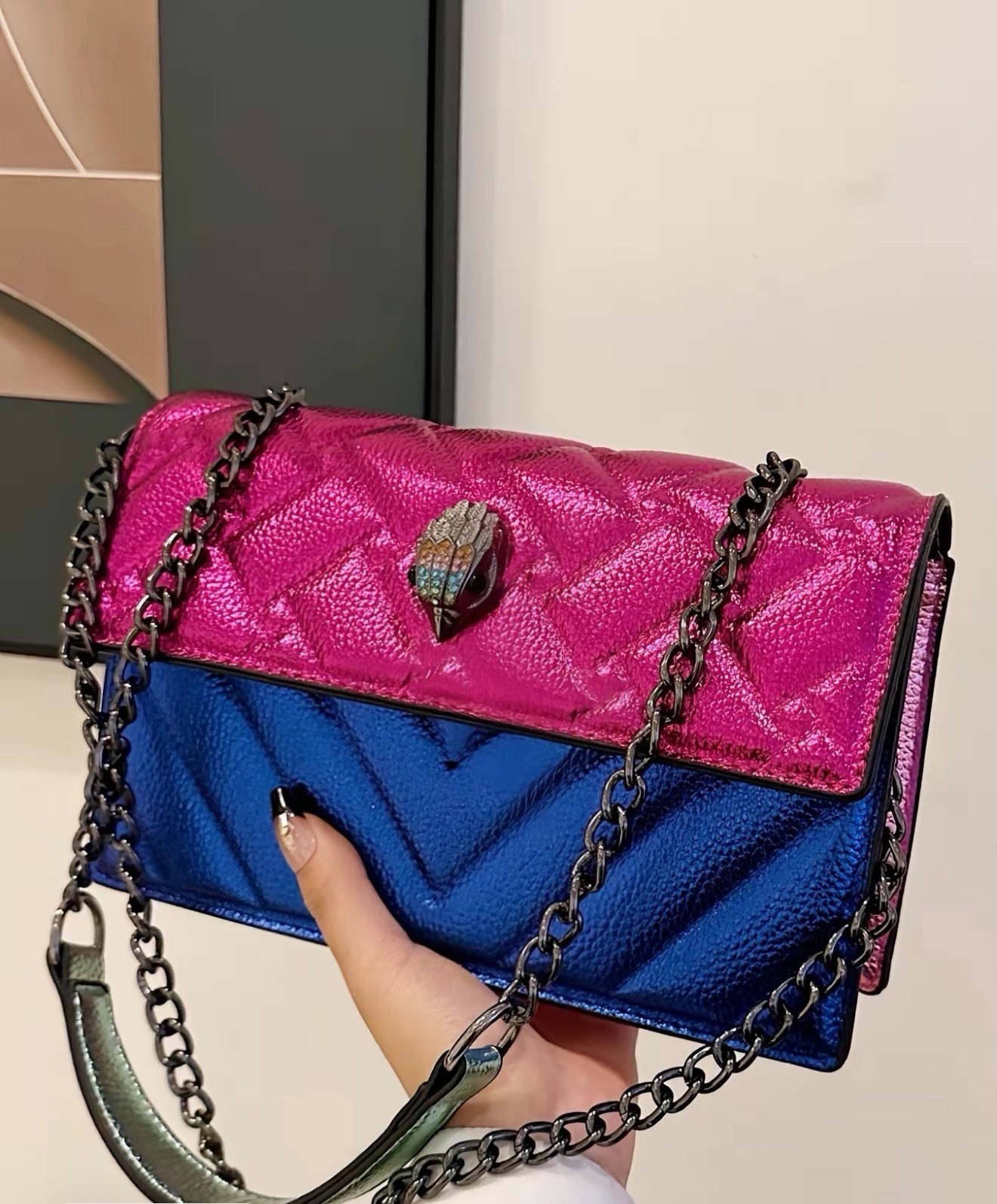 Women’s Small Multicolor Colorblock Quilted Flap Crossbody Bag, Chain Strap