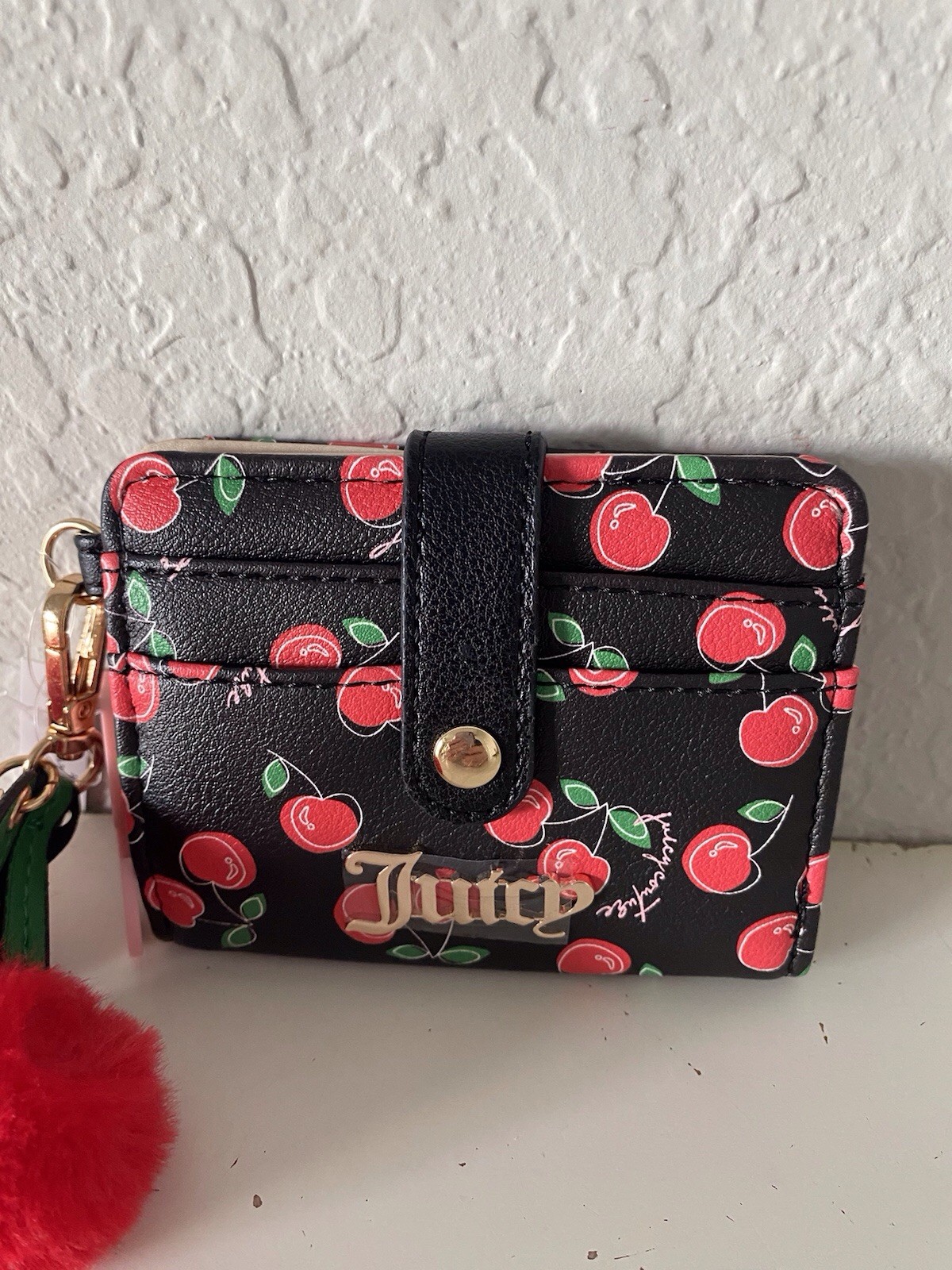 Juicy Couture Cherry Girl CC Wallet W/Back Window Black Red W/Charm Pom Pom NEW