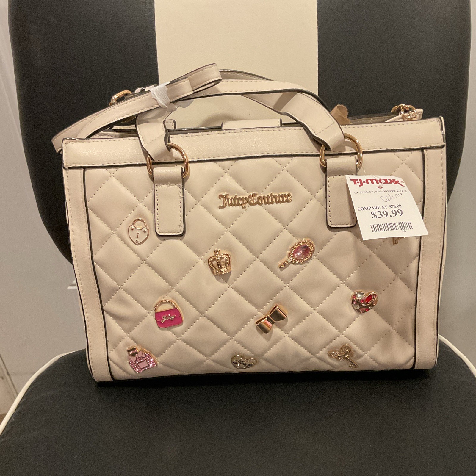 Juicy Couture Beige Quilted Satchel Top Handle Zip Bag w/Detachable Strap