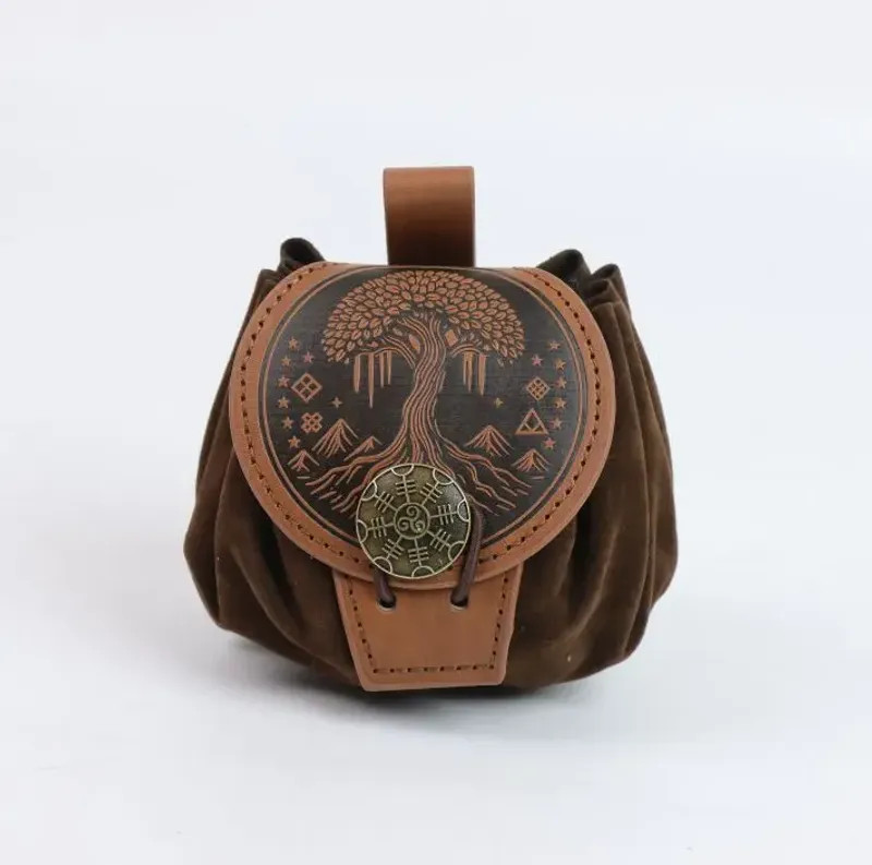 Medieval Faux Leather Retro Waist Bag Hangable Drawstring Outdoor Belt Bag