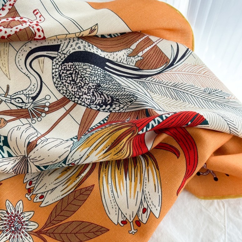 Double Face 70% Cashmere 30% Silk Scarf Square Shawl 53″ Orange Large Wrap