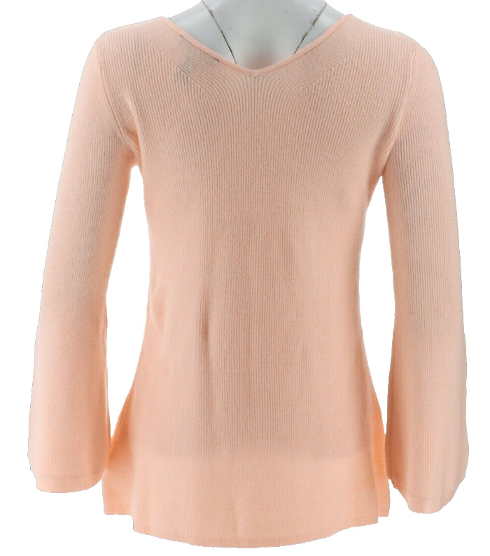 H by Halston Women’s Ribbed V-Neck Bell Sleeve Pullover Sweater Coral XX SMALL