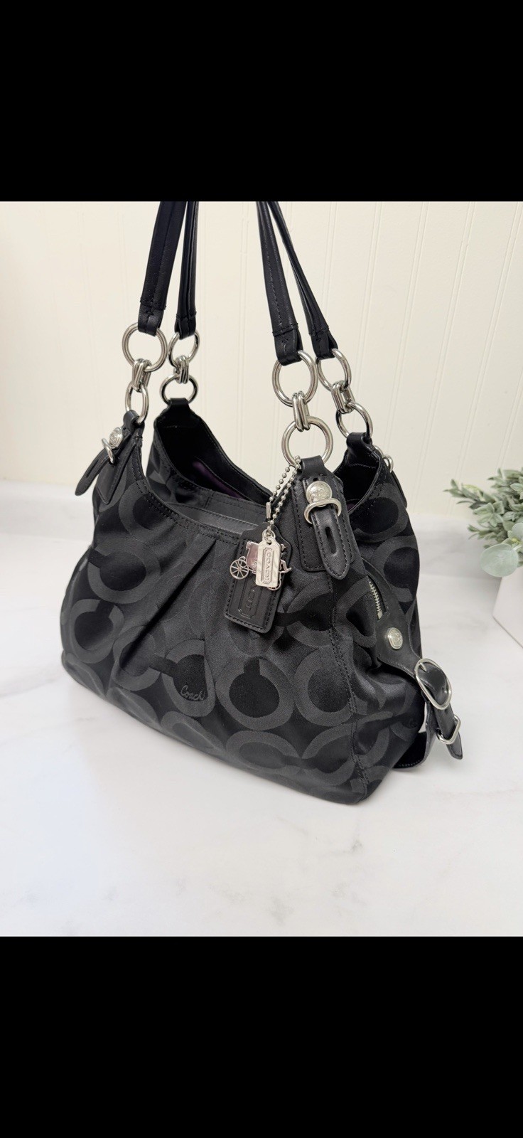 Coach Signature Logo Shoulder Bag Black/Gray Zip Purple Lining