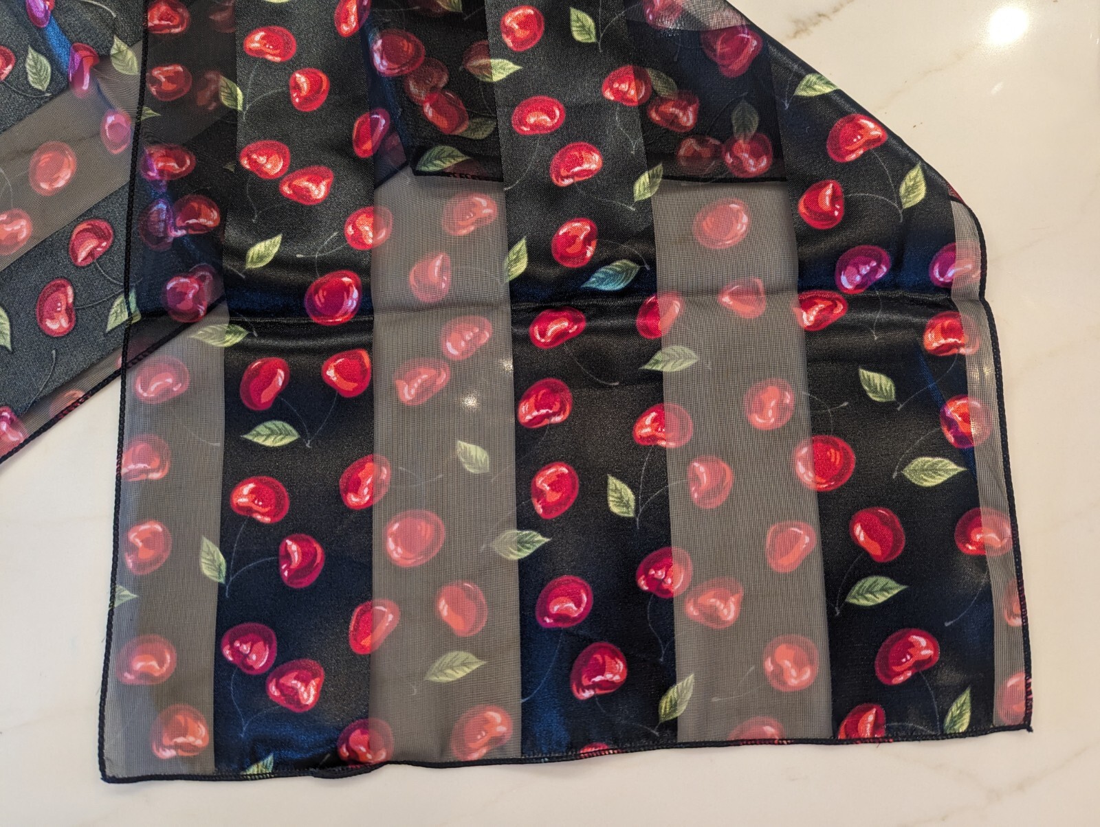 NIB – Silk Feel Scarf in Red, Black & Green Cherry Print – 12.5″x58″ -Polyester