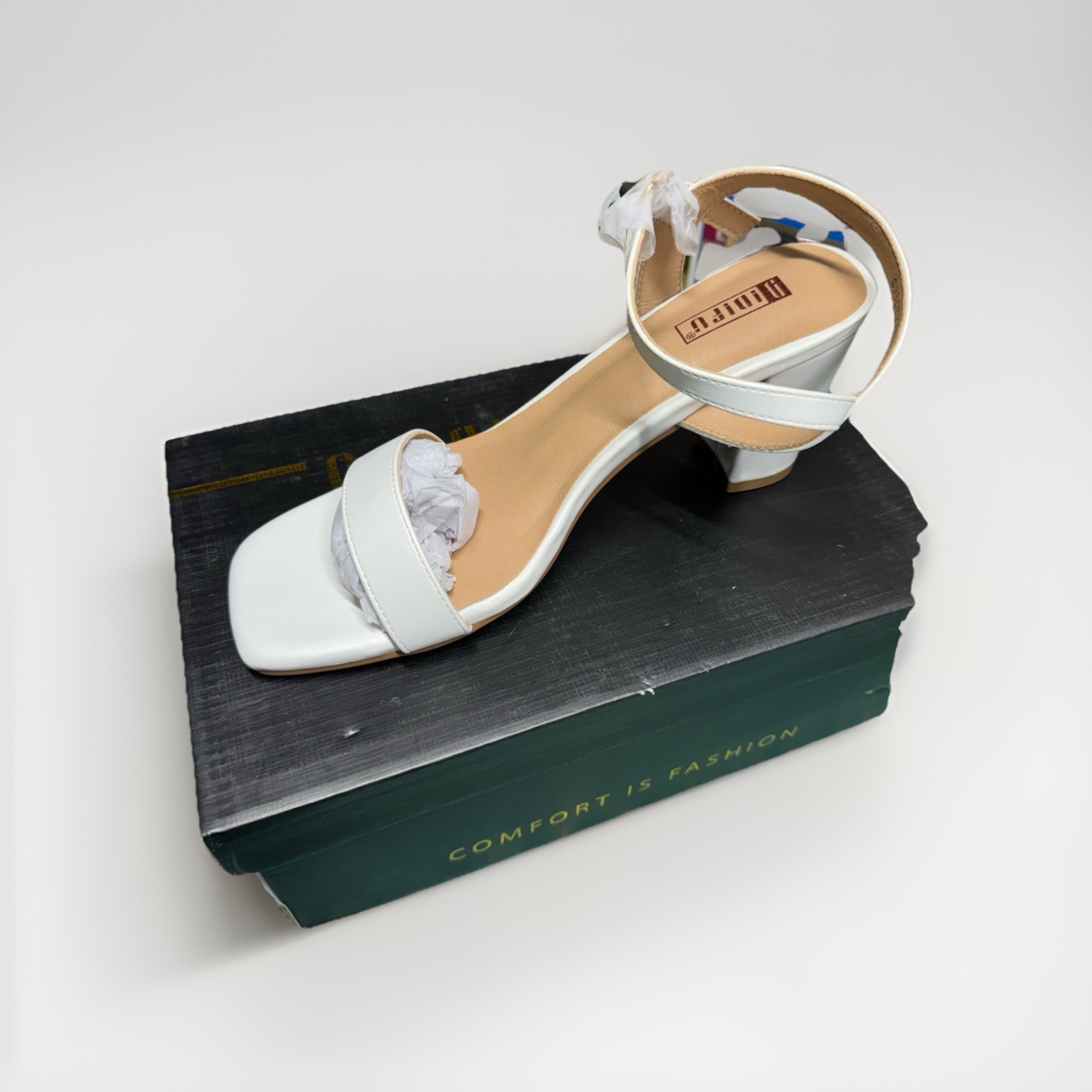 IDIFU White PU Block Heel Ankle Strap Sandals Size 8.5 New