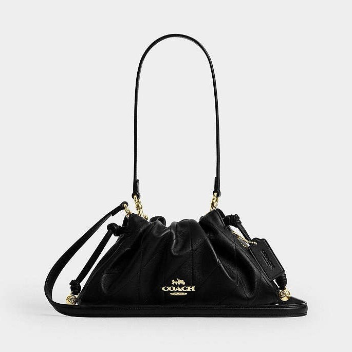Coach Black Quilted Drawstring Shoulder Bag w/ Detachable Strap, Bag Charm