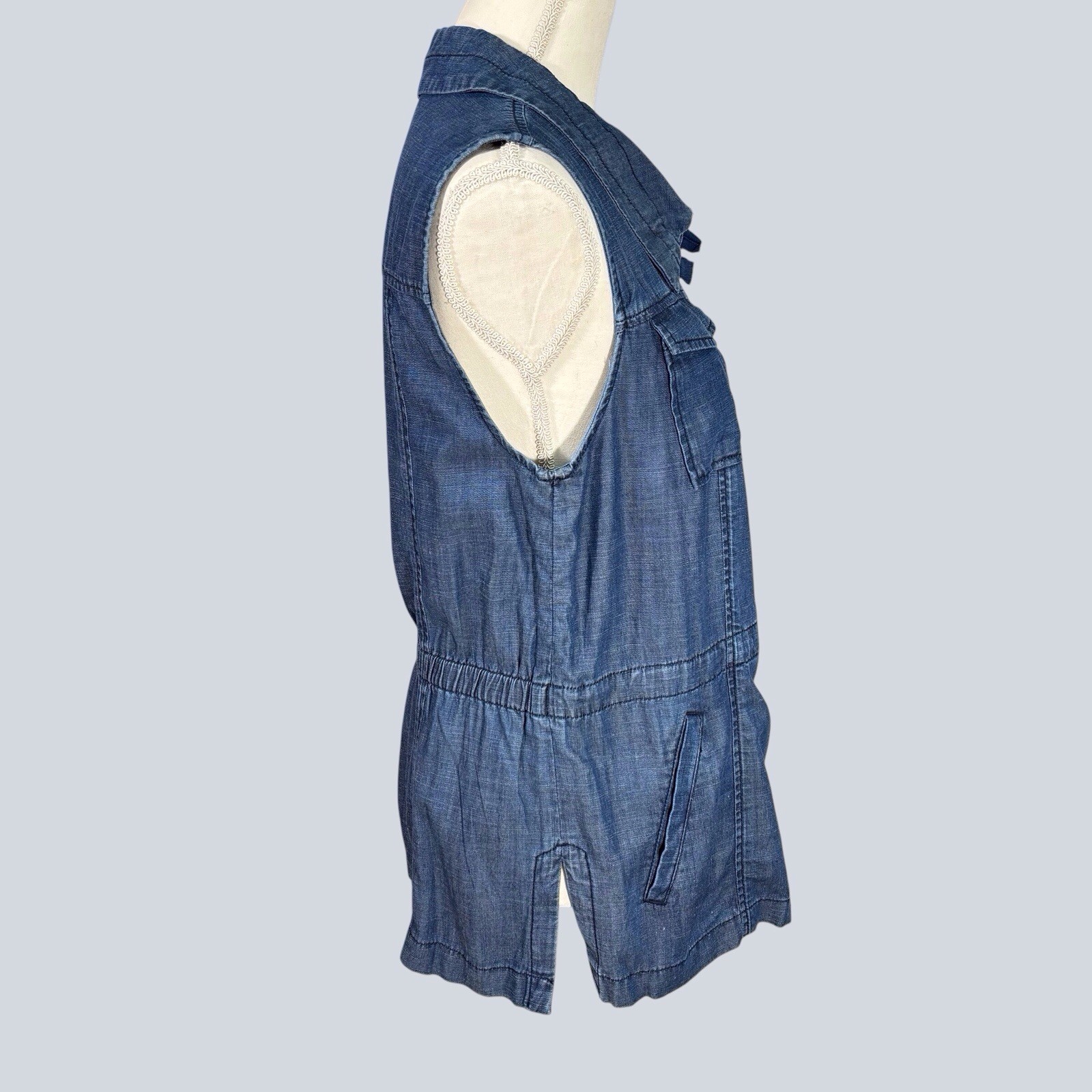 Talbots Blue Chambray Button Up Tunic Vest XL Pockets Cotton Linen Blend