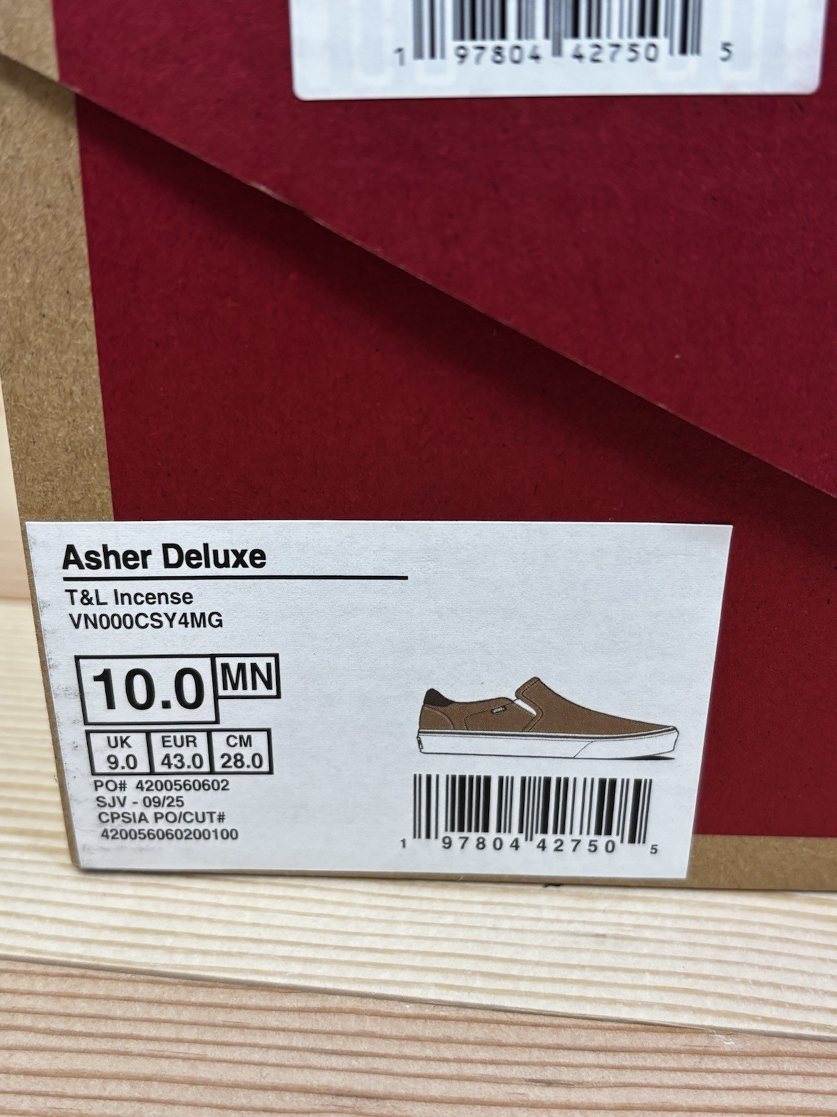 Vans Asher Deluxe Slip On Men’s Sz 10 Tan Incense Sneakers Low Top New Slip On