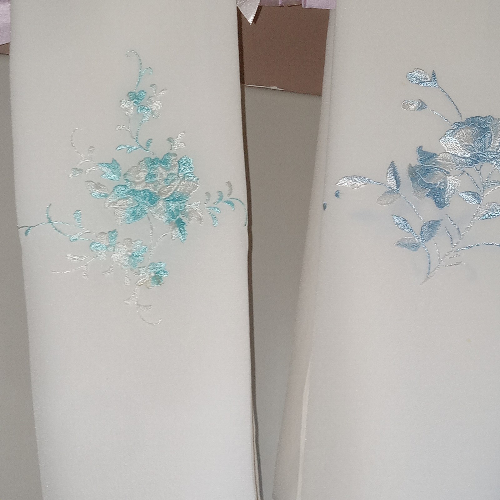 Vintage 100% Silk Embroidered Scarf Teal & Blue On Cream 13×53″ Set Of 2 Read
