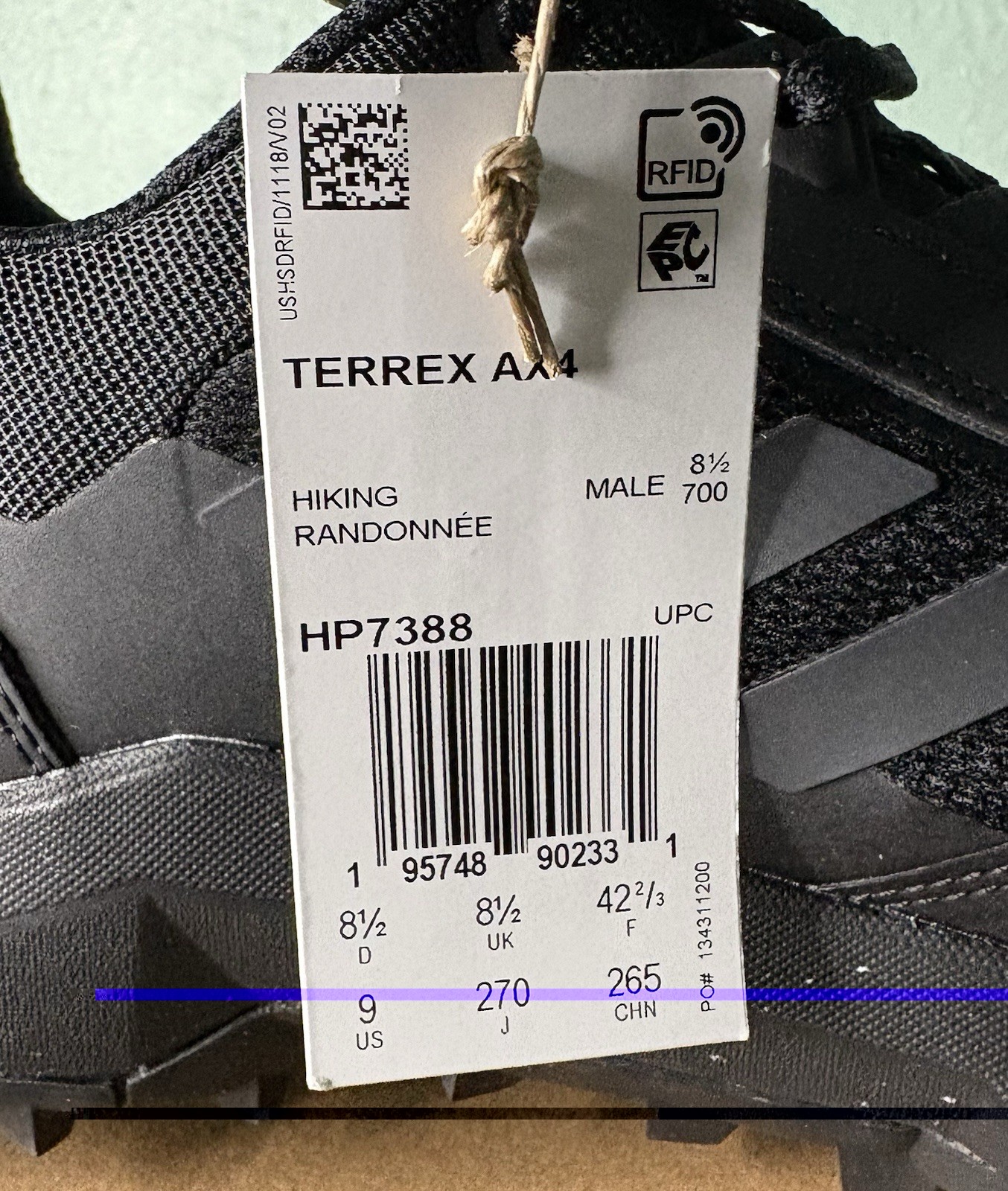 US Men’s 9 – Adidas TERREX AX4 “Black Carbon” HP7388, Hiking Shoes