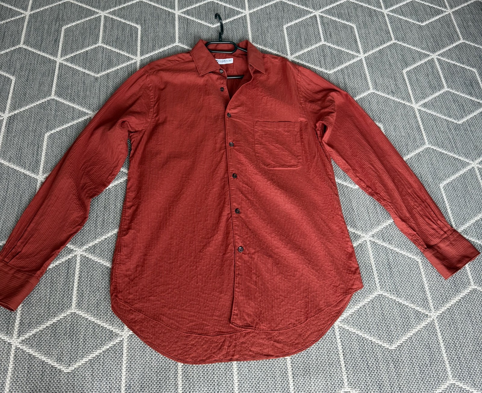 COBRA S.C. Men’s Rust Red Textured 100% Cotton Long Sleeve Shirt – Made in Italy