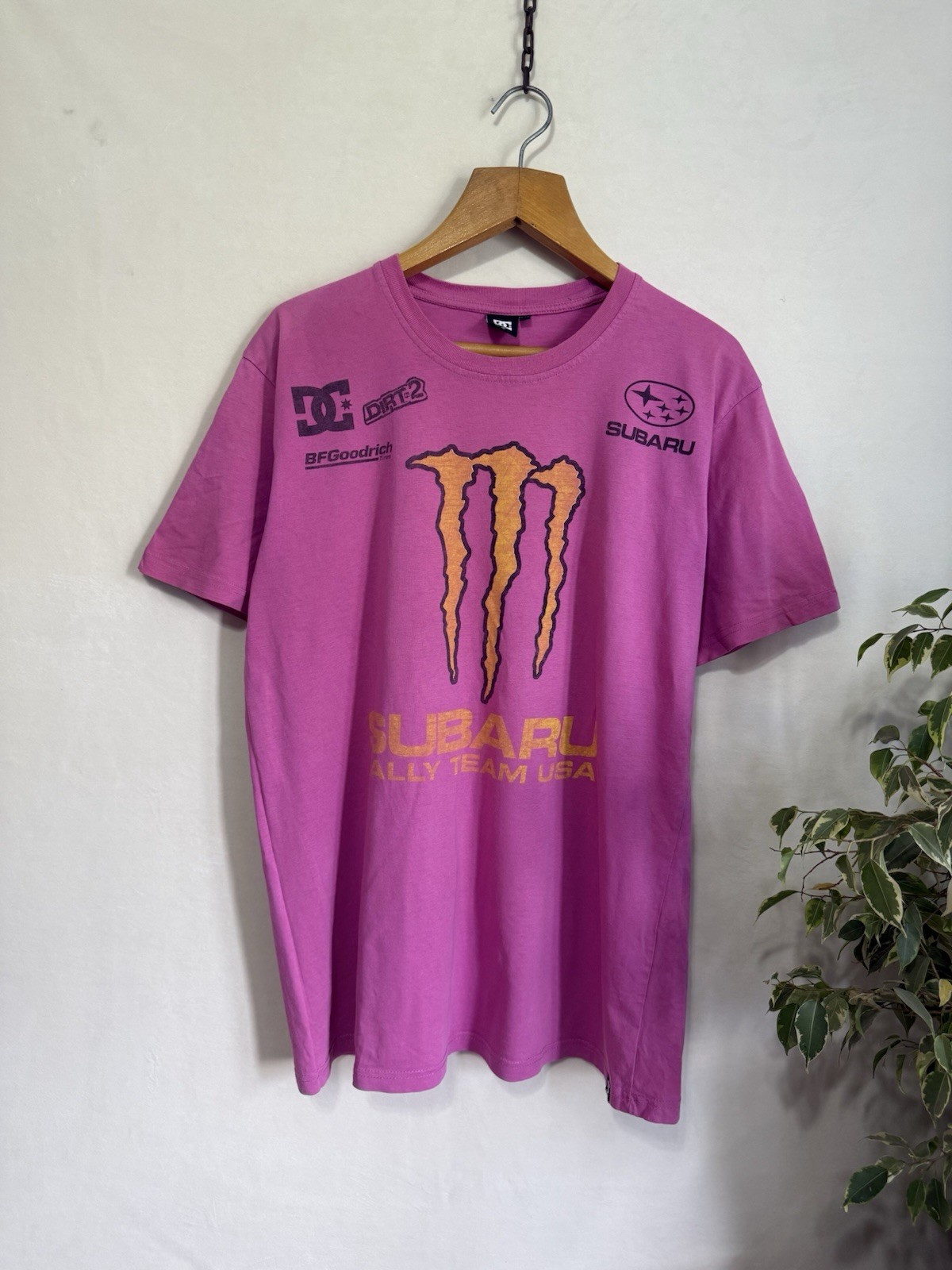 Vintage 90s Subaru DC Monster Energy Rally Team USA T-Shirt Men Size 2XL Pink