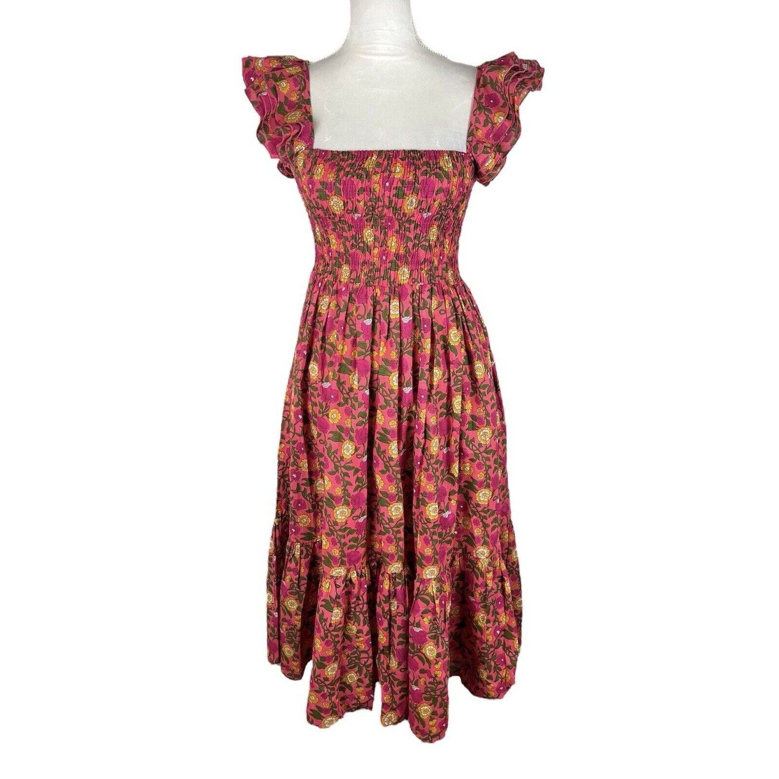 Mille Olympia Floral Smocked Midi Dress Ruffle Strap Cottagecore Coastal Sz XXS